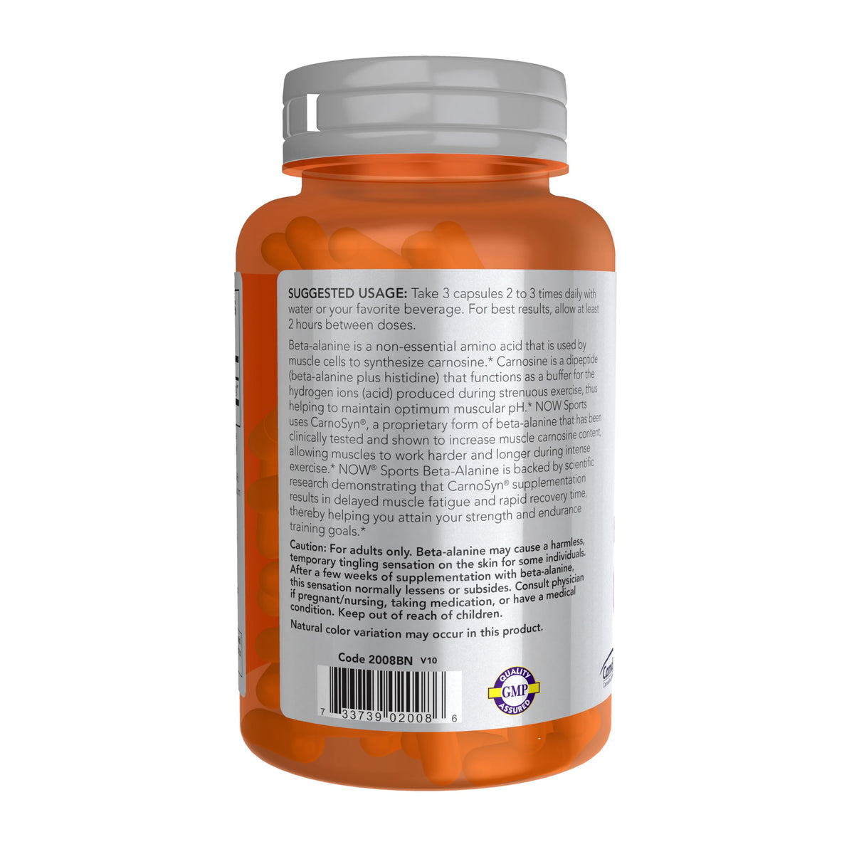 NOW Foods Beta-Alanine 750 mg capsules végétales sur fond blanc
