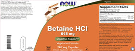NOW Foods Betaïne HCl 648mg capsules végétales sur fond blanc