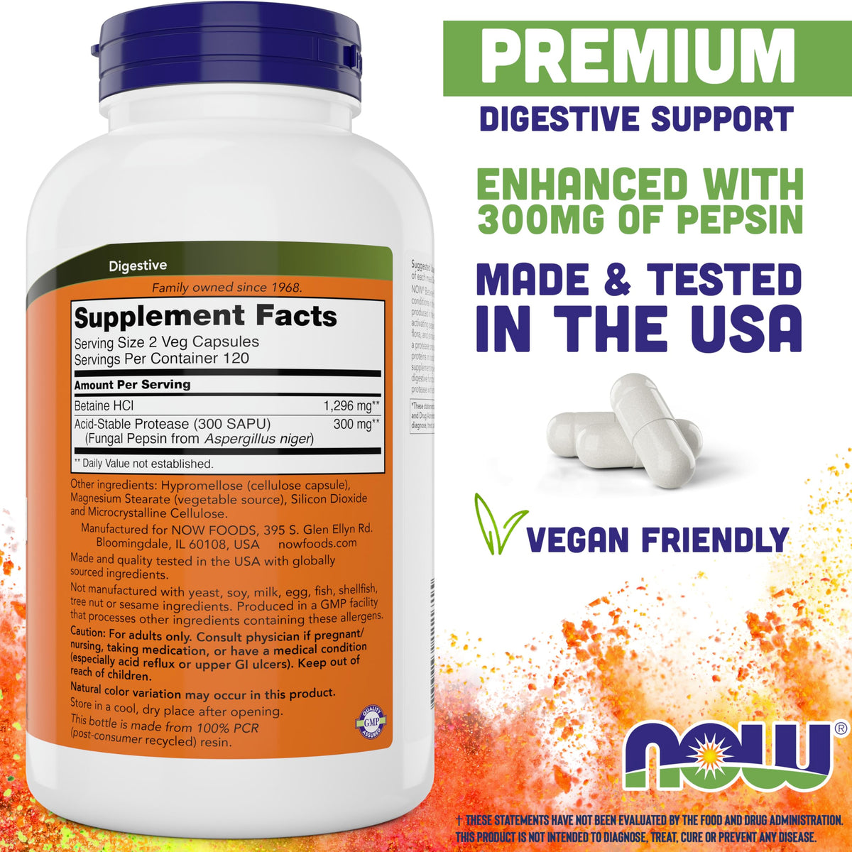 NOW Foods Betaïne HCl 648mg capsules végétales vue de face