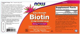 NOW Foods Biotin 10 mg 120 Vcaps vue arrière de l'emballage