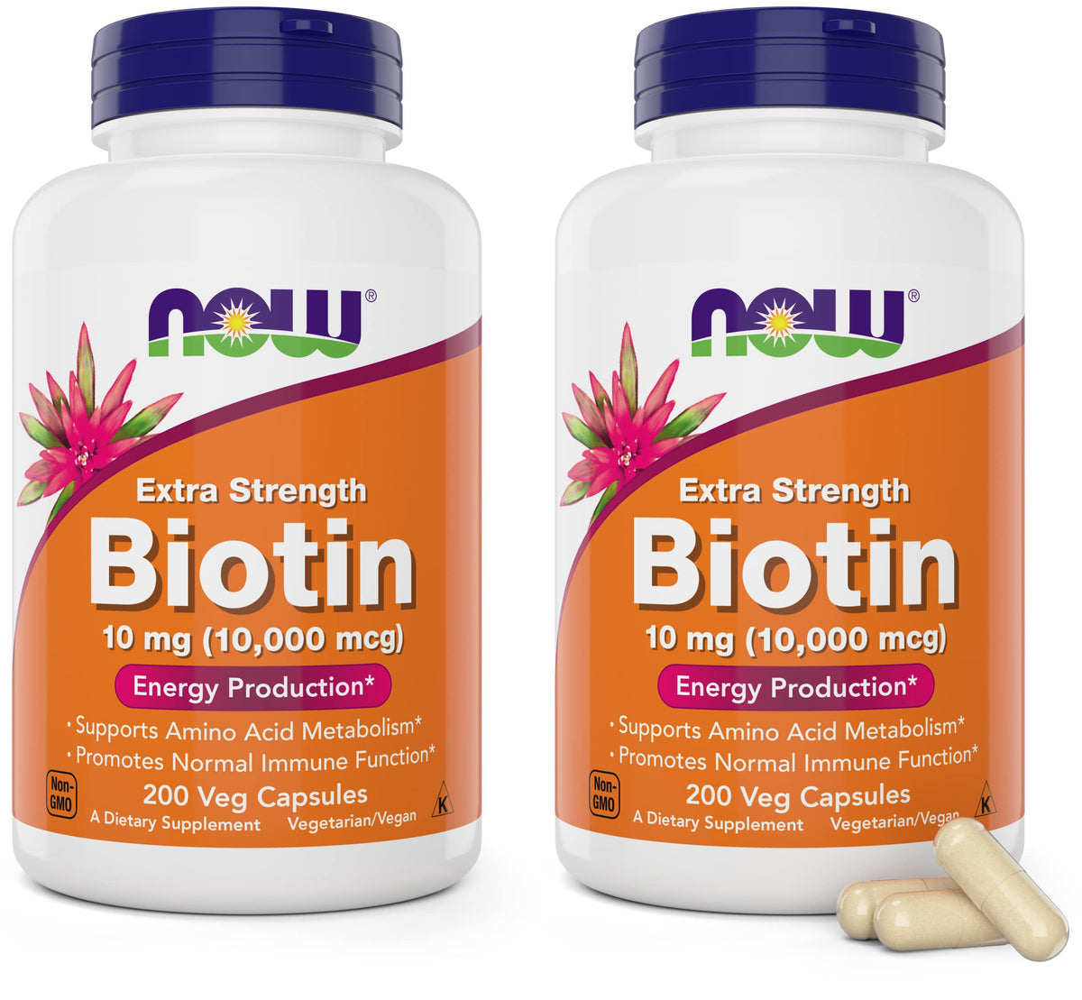 NOW Foods Biotine Extra Fort 10 000 mcg 200 gélules végétales, vue de face