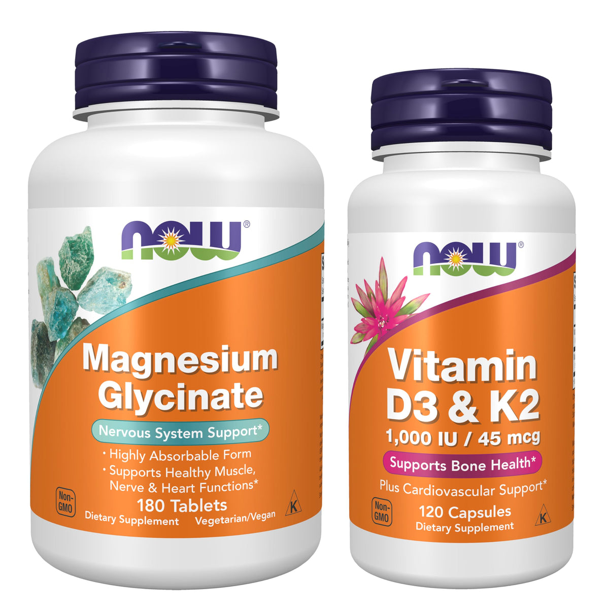NOW Foods Bundle de Soutien Métabolique avec Magnésium Glycinate et Vit D3 K2