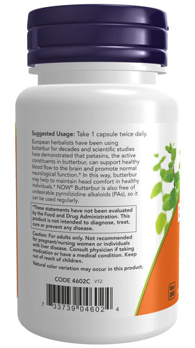 NOW Foods Butterbur 60 capsules végétales avec gélules en vue