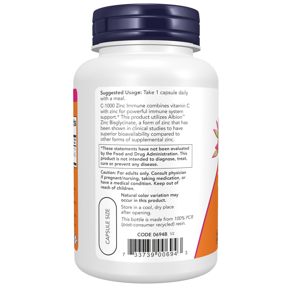 NOW Foods C-1000 & Zinc capsules végétales sur fond blanc