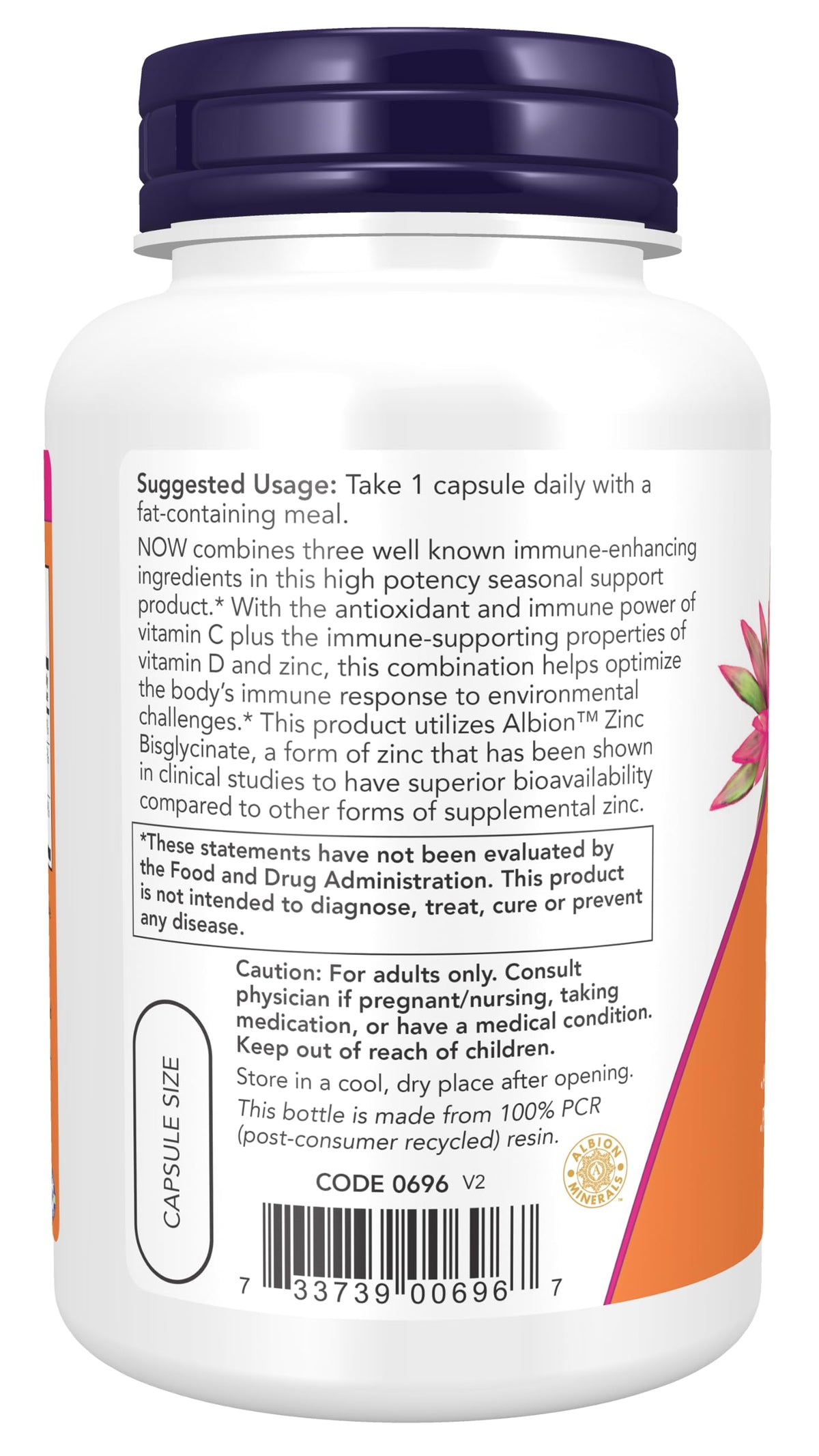 NOW Foods C-1000 Zinc & D-3 100 Veg Capsules - côté droit