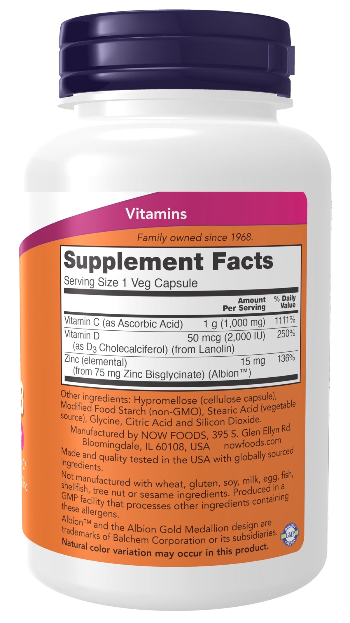 NOW Foods C-1000 Zinc & D-3 100 Veg Capsules - vue arrière