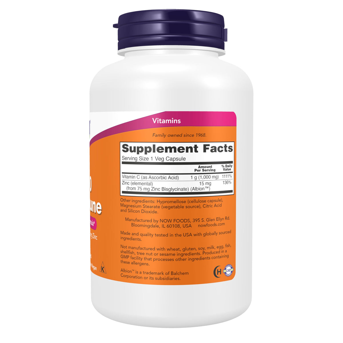 NOW Foods C-1000 & Zinc étiquette avec dosage de 1000 mg de vitamine C et 15 mg de zinc