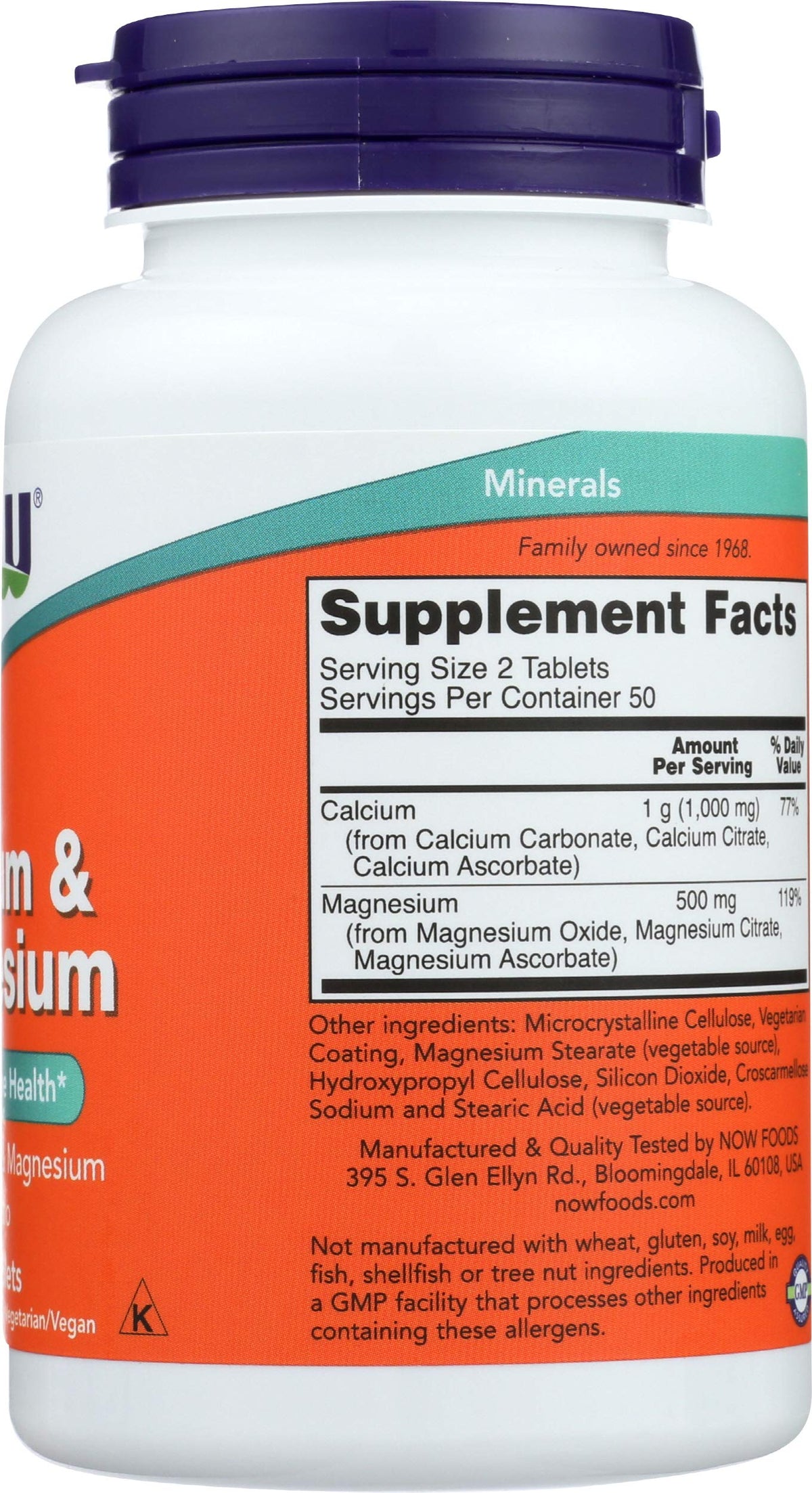 NOW Foods Cal Mag 500/250mg flacon ouvert avec comprimés
