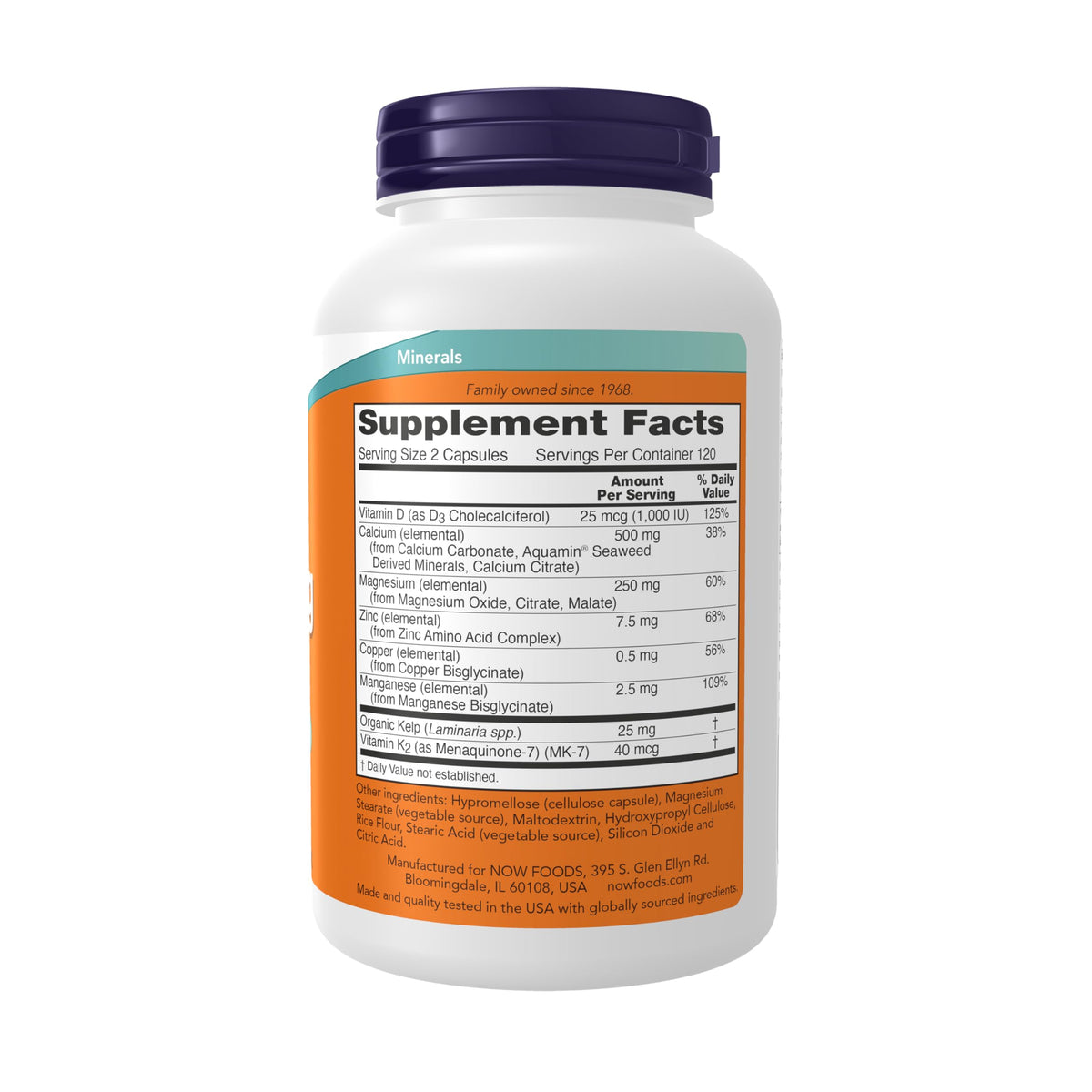 NOW Foods Cal-Mag Caps 240 Veg Capsules avec vitamine D et minéraux vue arrière