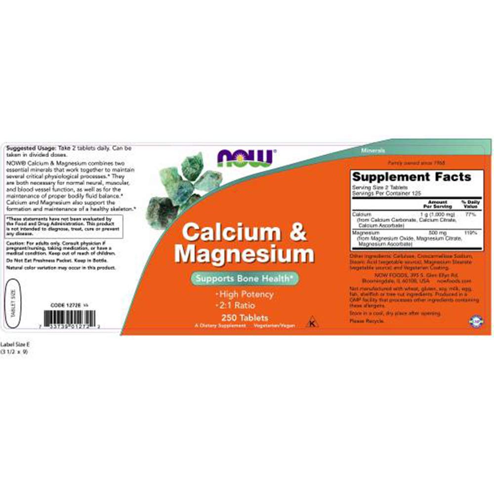 NOW Foods Calcium & Magnesium 250 comprimés vue arrière de la boîte