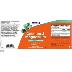 NOW Foods Calcium & Magnesium 250 comprimés vue arrière de la boîte