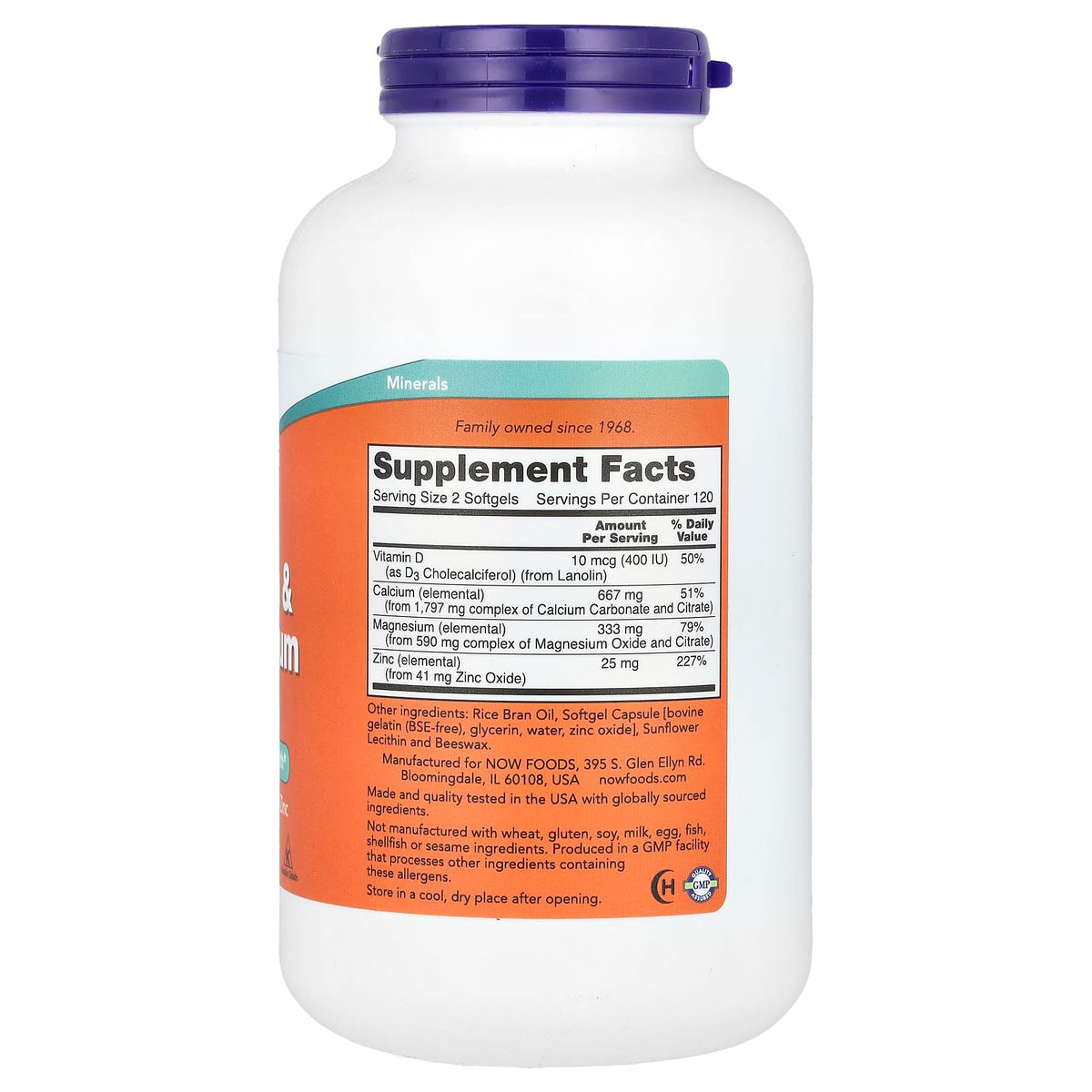 NOW Foods Calcium & Magnésium + D 240 gélules molles emballage