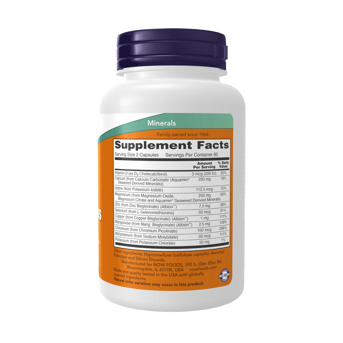 NOW Foods Capsules Minérales Complètes 120 Végétales - vue de dos