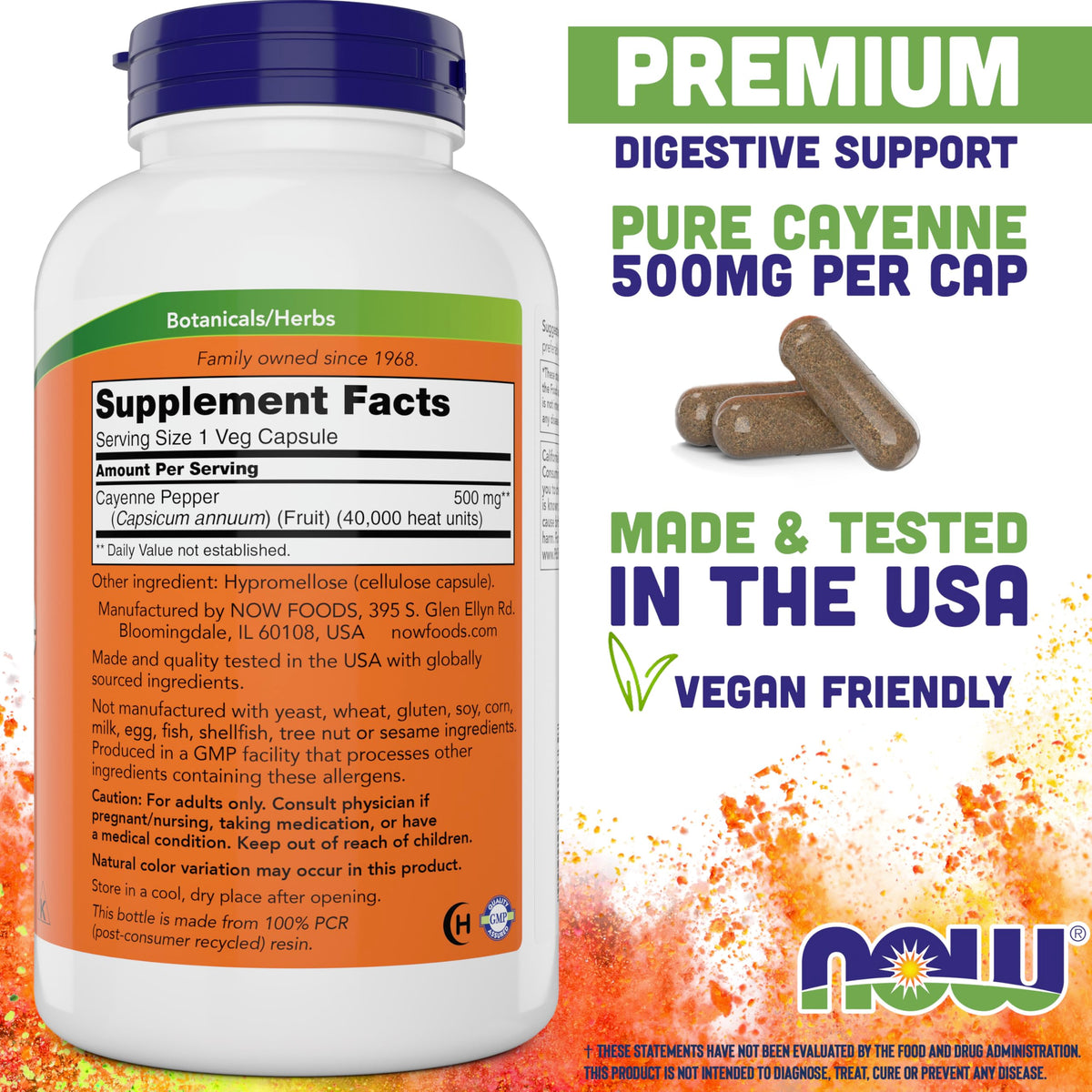 NOW Foods Cayenne 500 mg 360 Veg Capsules avec étiquette
