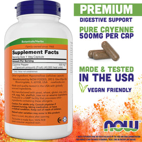 NOW Foods Cayenne 500 mg 360 Veg Capsules avec étiquette