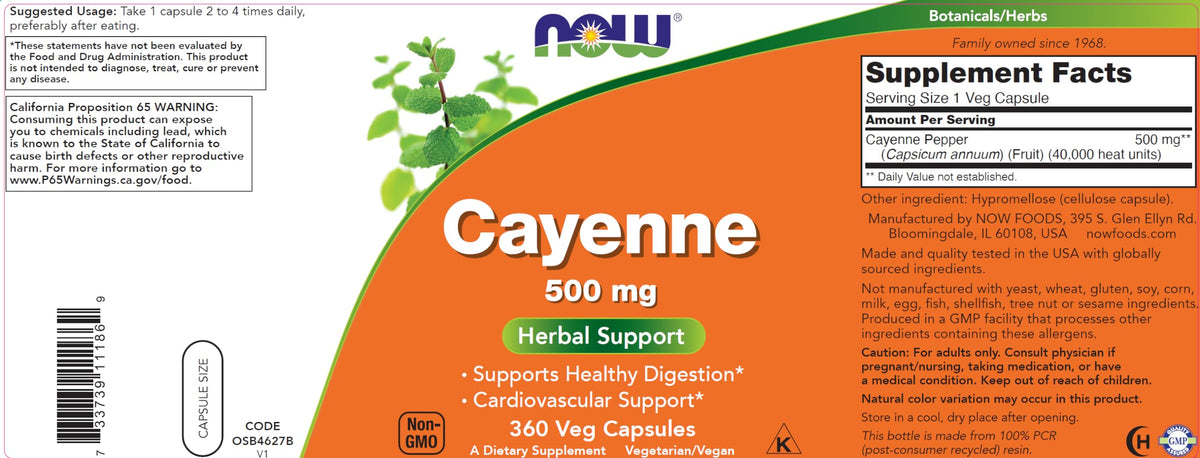 NOW Foods Cayenne 500 mg 360 Veg Capsules - flacon ouvert