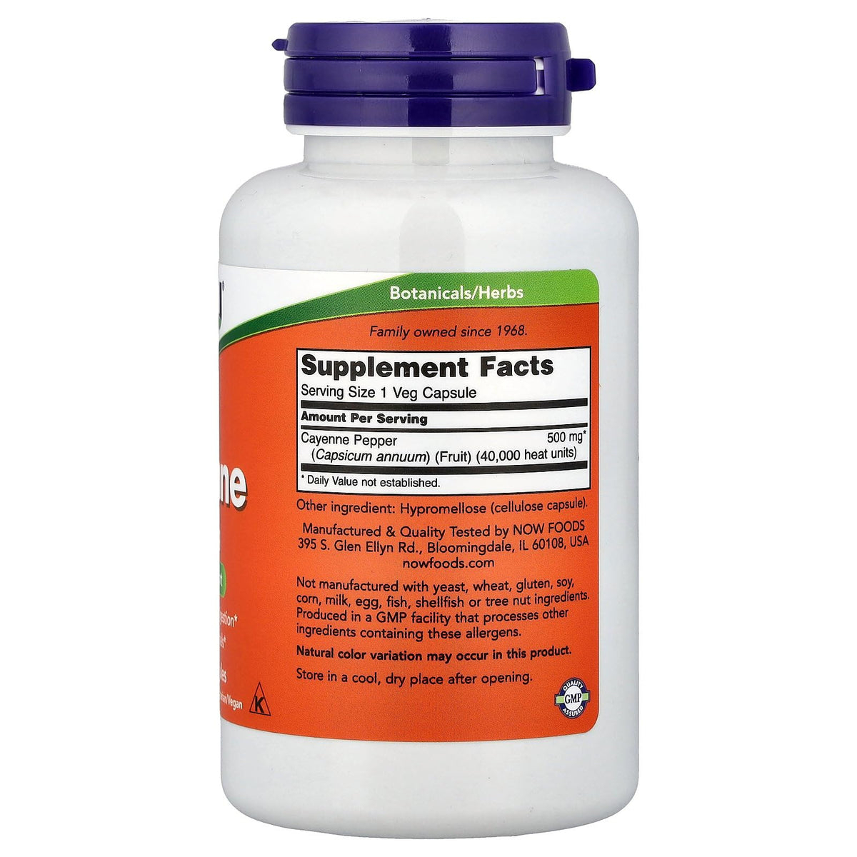 NOW Foods Cayenne 500mg 100 Vcaps flacon et étiquette