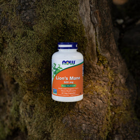 NOW Foods Champignon Lion 500 mg Bio gélules végétales sur un fond naturel