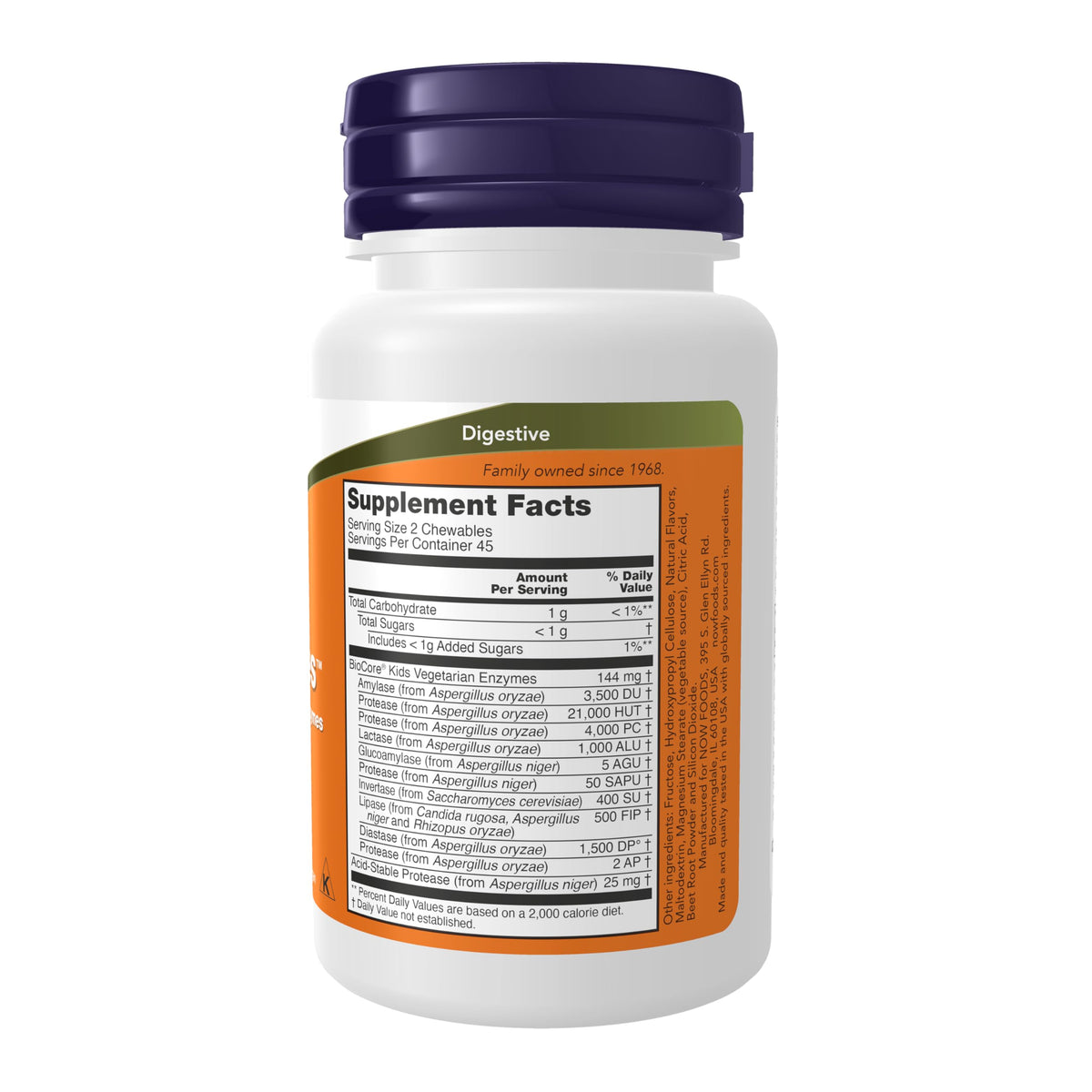 NOW Foods ChewyZymes emballage avec informations nutritionnelles