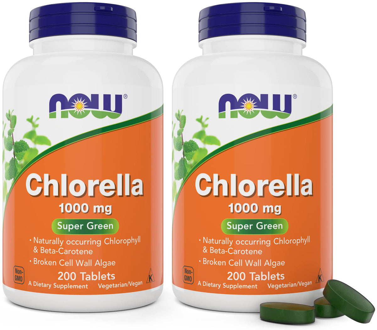 NOW Foods Chlorella 1000mg comprimés 200 par bouteille vue de face