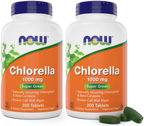 NOW Foods Chlorella 1000mg comprimés 200 par bouteille vue de face