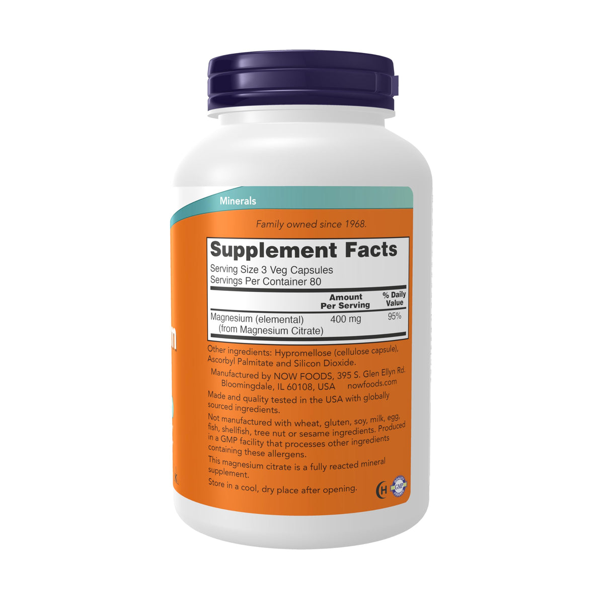 NOW Foods Citrate de Magnésium 240 Capsules Végétales - étiquette avec ingrédients