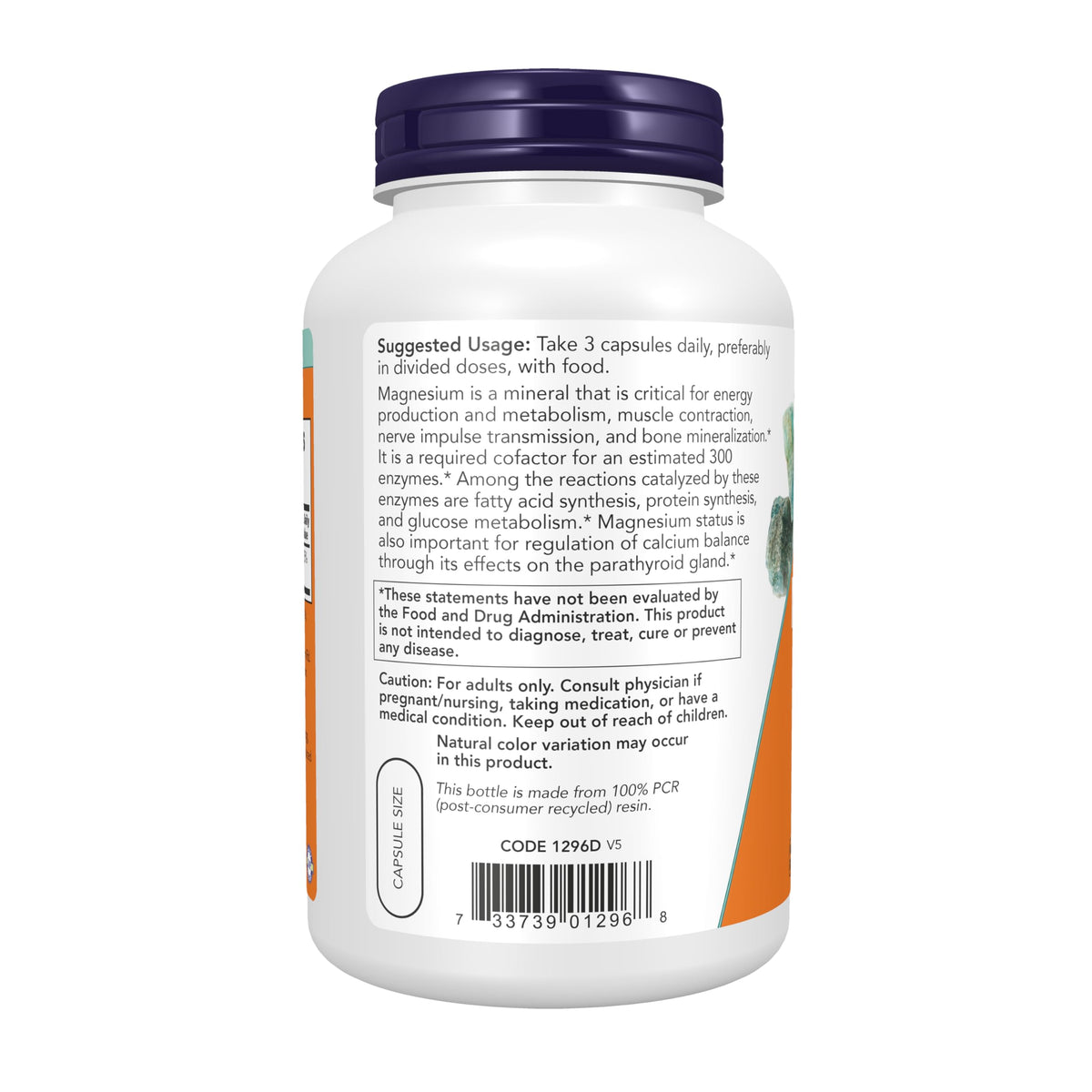 NOW Foods Citrate de Magnésium 240 Capsules Végétales - vue de côté