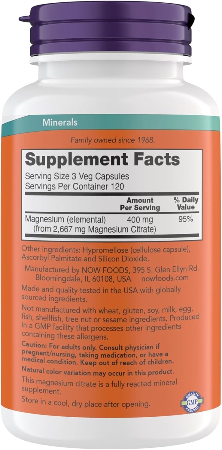 NOW Foods Citrate de Magnésium 360 Capsules Végétariennes côté droit