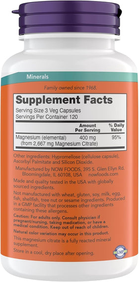 NOW Foods Citrate de Magnésium 360 Capsules Végétariennes côté droit