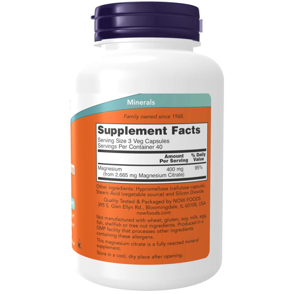 NOW Foods Citrate de Magnésium 400 mg, informations nutritionnelles au dos