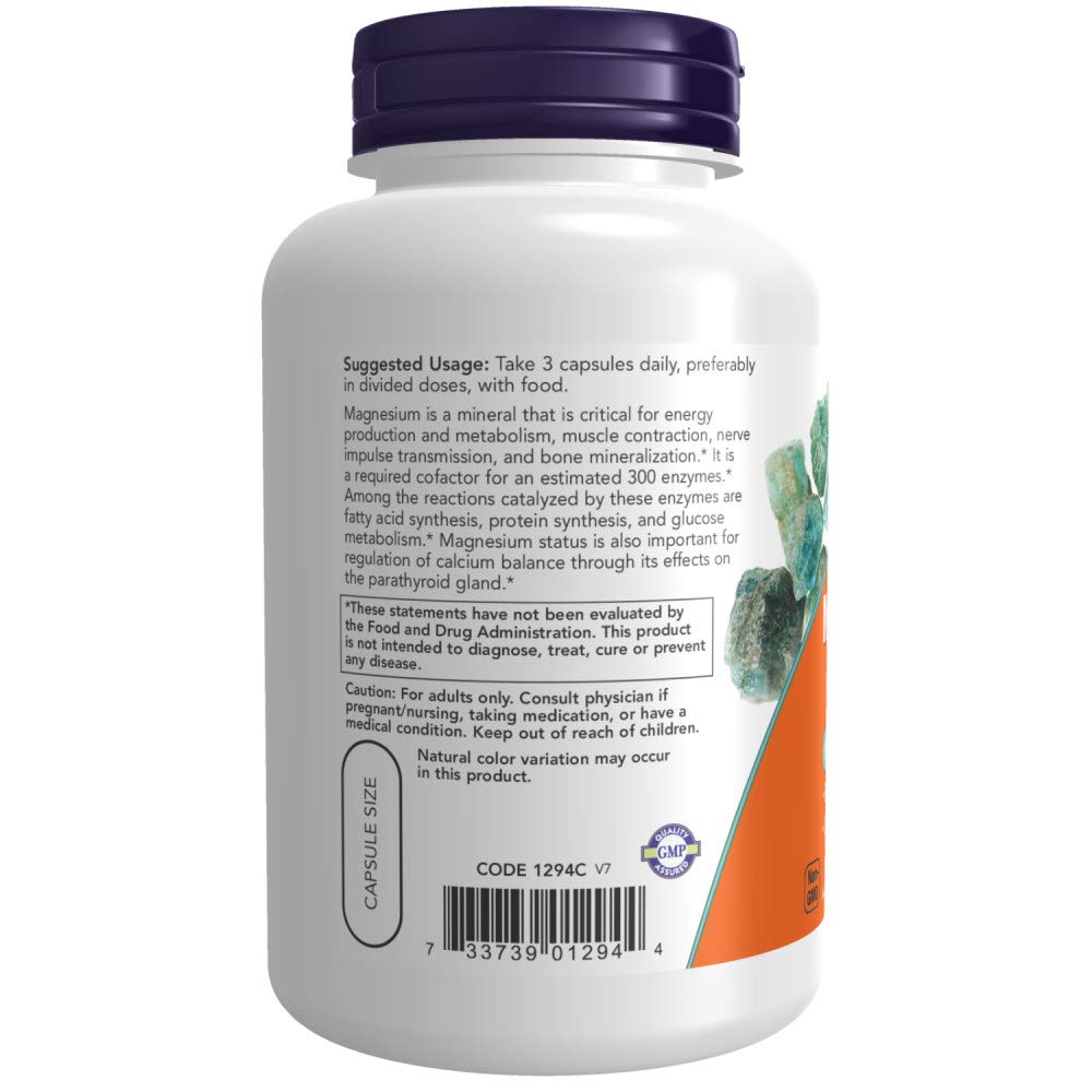 NOW Foods Citrate de Magnésium 400 mg, vue de côté de l'emballage