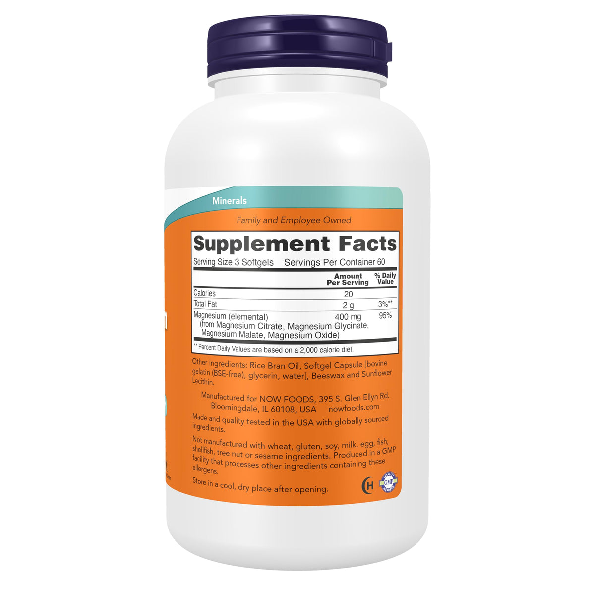 NOW Foods Citrate de Magnésium avec étiquette et description