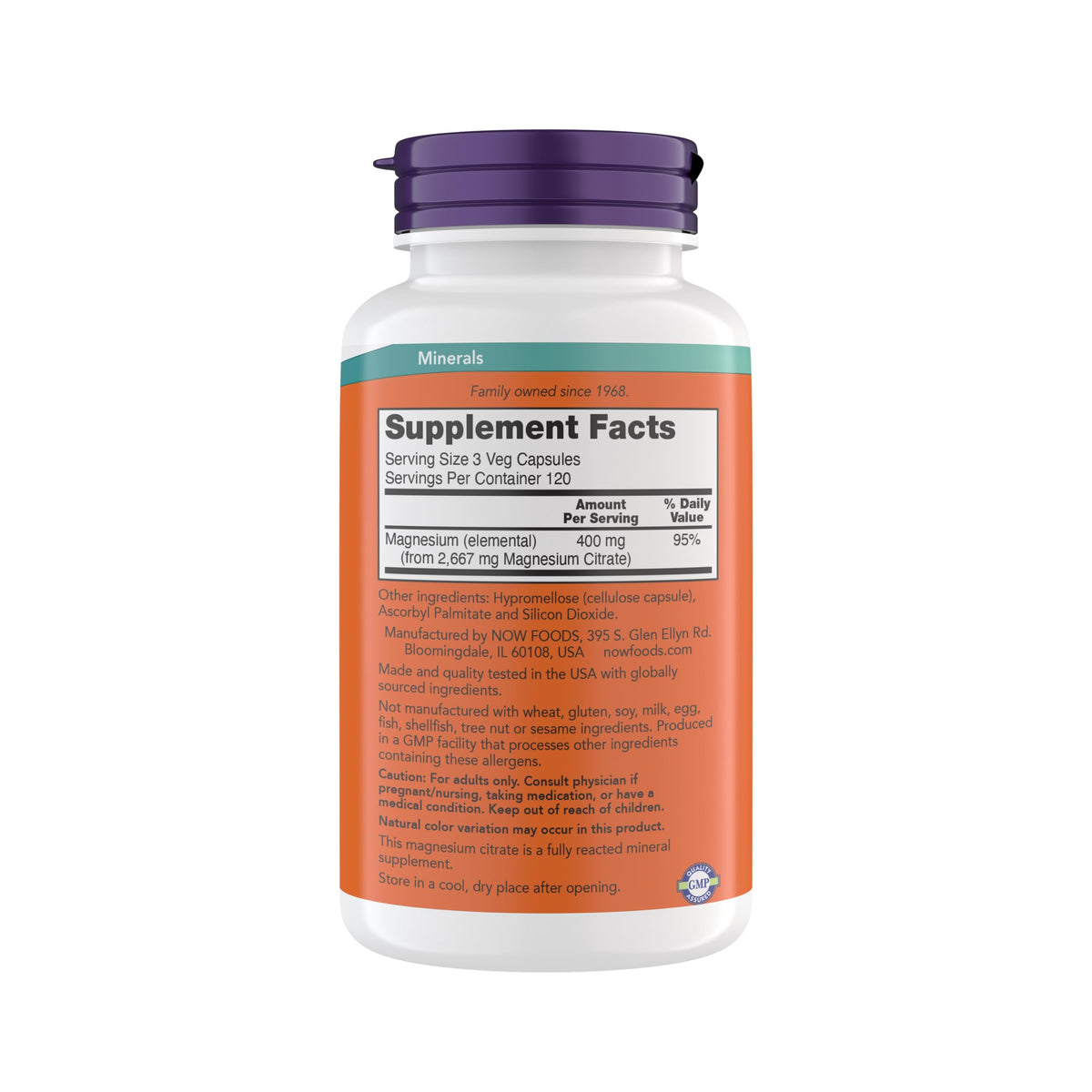 NOW Foods Citrate de Magnésium étiquette détaillée