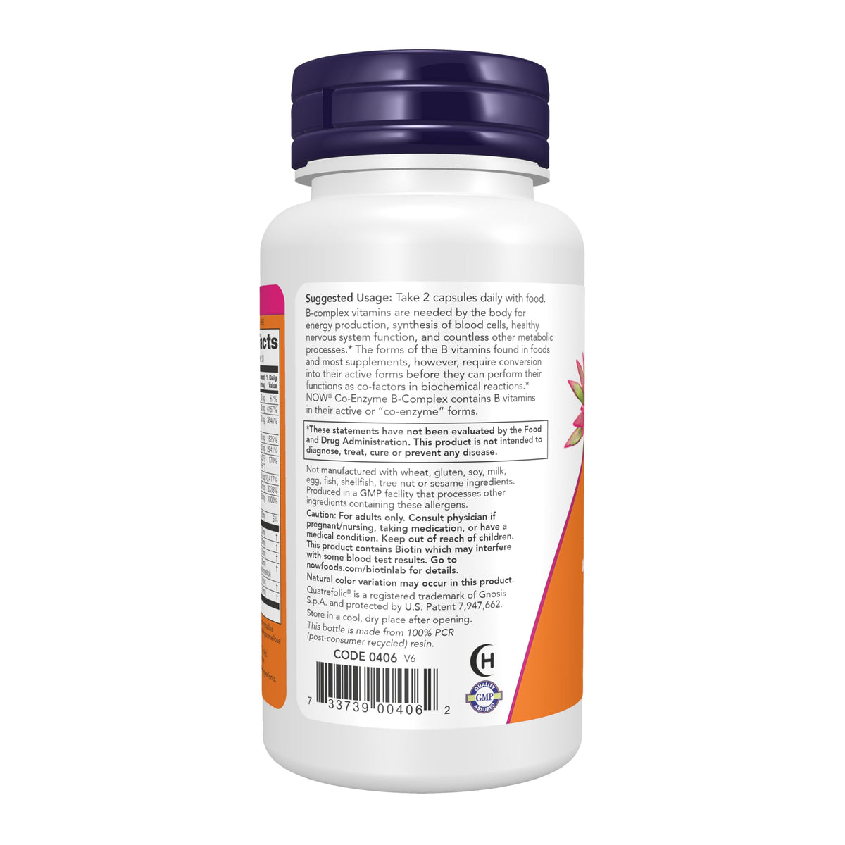 NOW Foods Co-Enzyme B Complex, vue latérale montrant les capsules