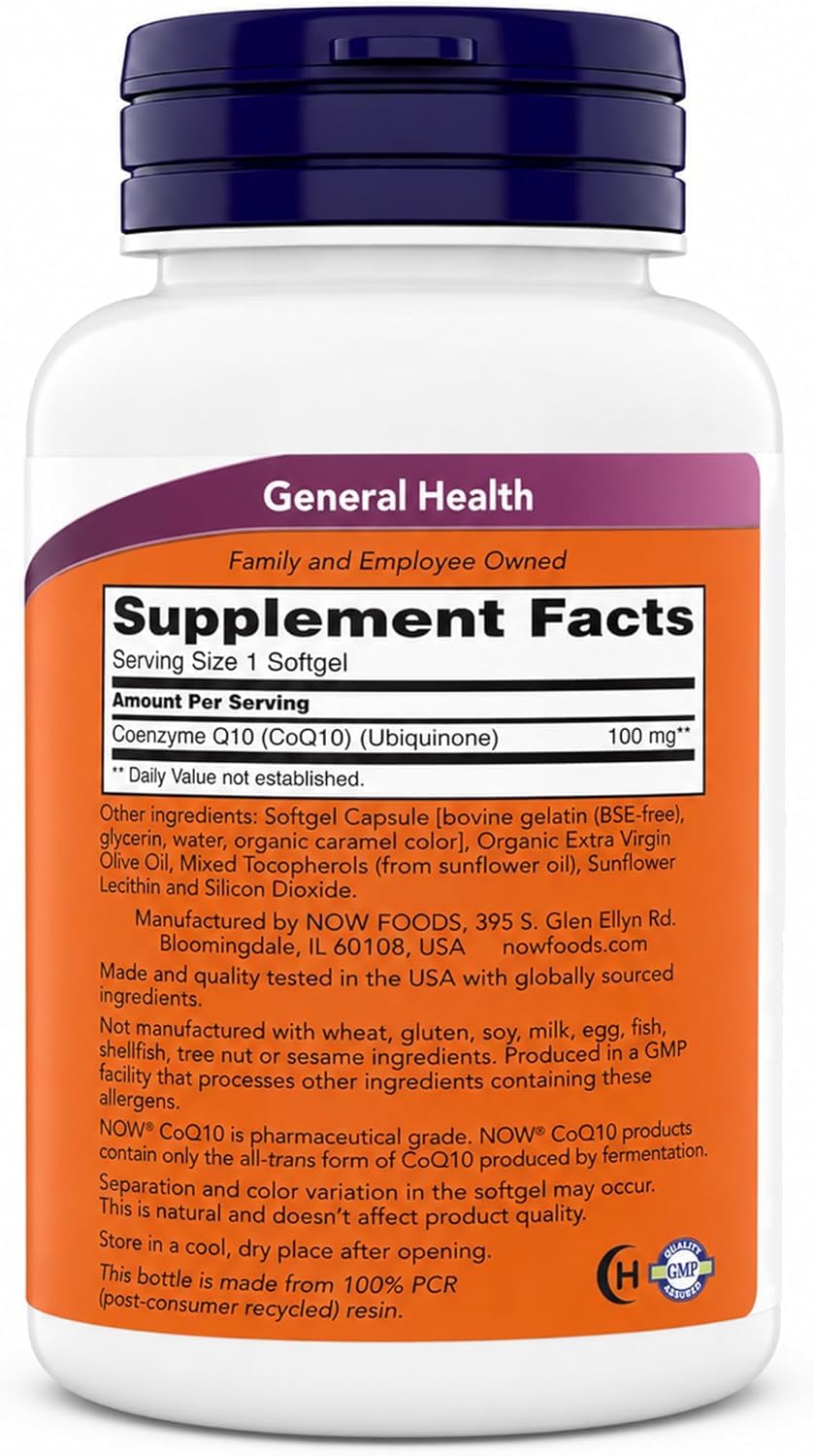 NOW Foods CoQ10 100 mg, étiquette avec informations nutritionnelles