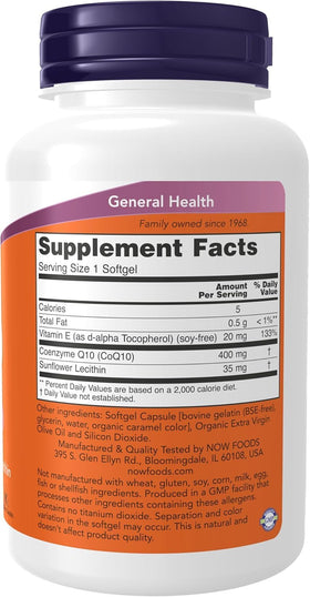 NOW Foods CoQ10 400 mg 60 gélules molles - emballage ouvert