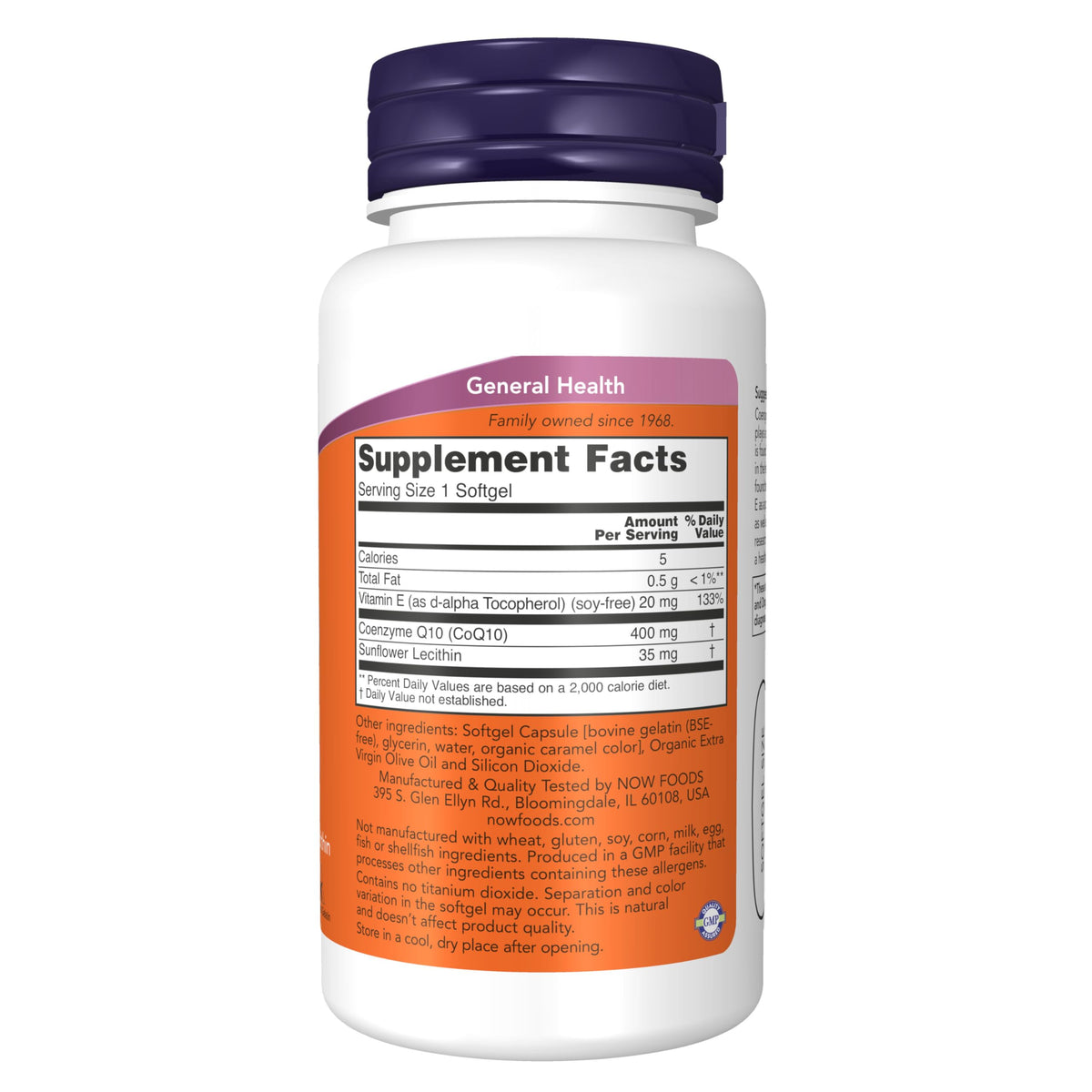 NOW Foods CoQ10 400 mg gélules avec étiquetage en gros plan