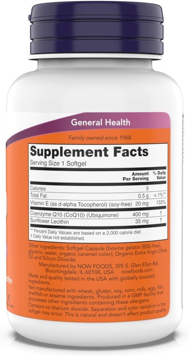 NOW Foods CoQ10 400 mg gélules molles côté gauche