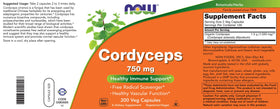 NOW Foods Cordyceps 750mg 200 Veg Caps avec des ingrédients naturels en arrière-plan