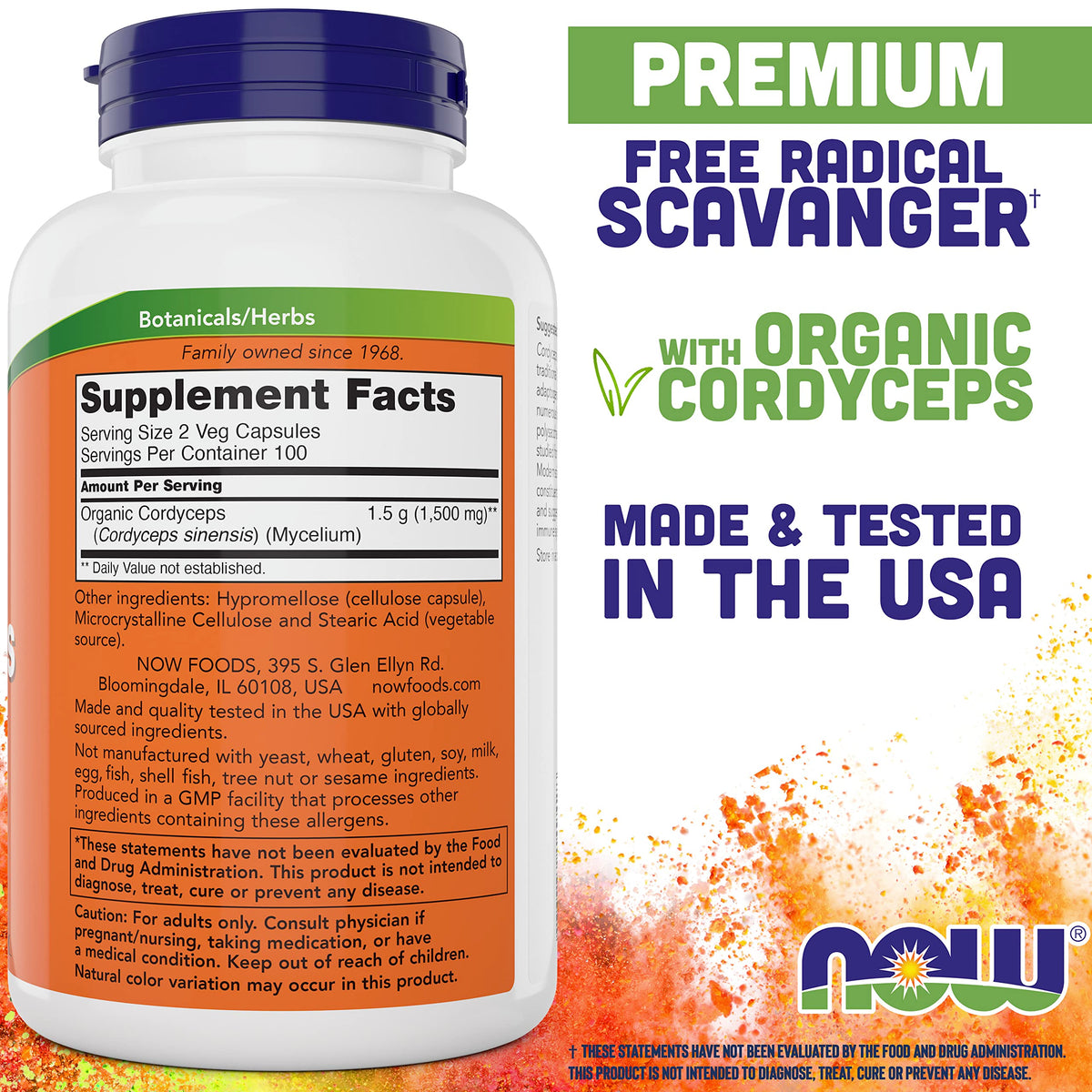 NOW Foods Cordyceps 750mg 200 Veg Caps vue arrière avec informations nutritionnelles