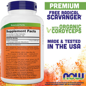 NOW Foods Cordyceps 750mg 200 Veg Caps vue arrière avec informations nutritionnelles