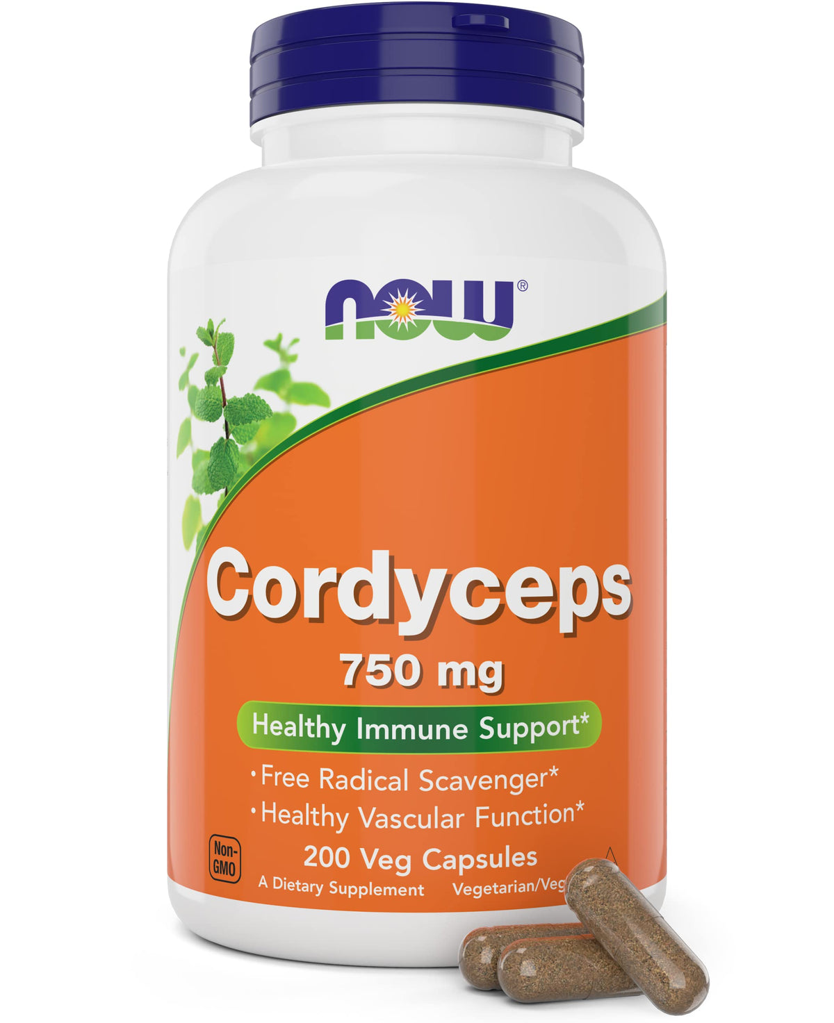 NOW Foods Cordyceps 750mg 200 Veg Caps vue avant avec étiquette