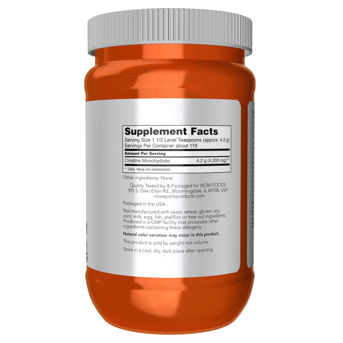 NOW Foods Créatine Micronisée 500 g informations nutritionnelles