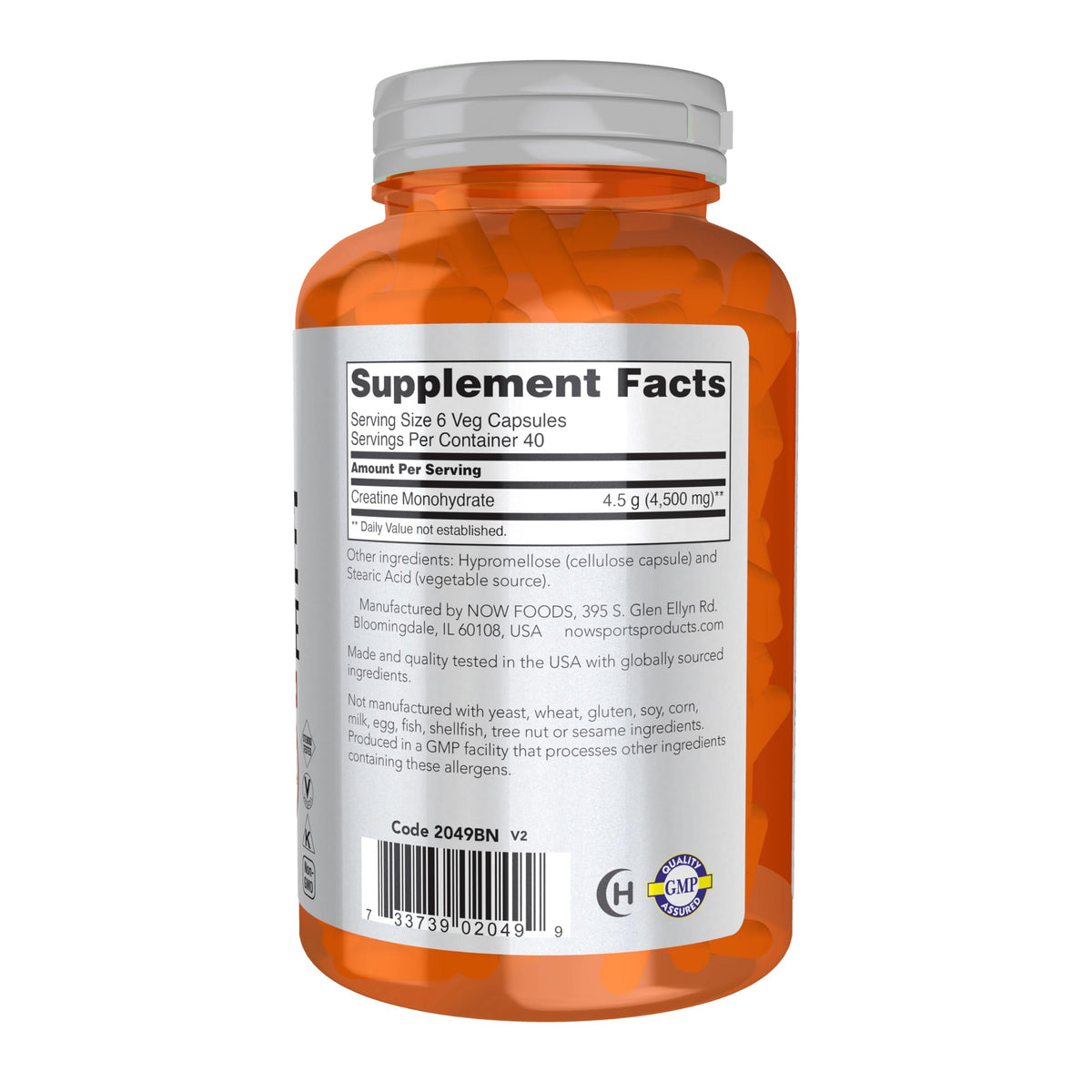 NOW Foods Créatine Monohydrate 750 mg 240 gélules végétales vue arrière