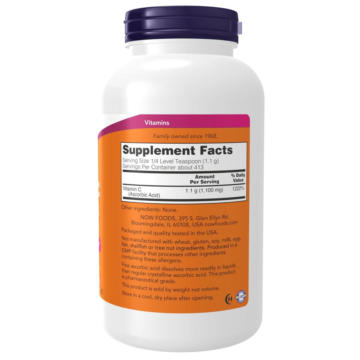 NOW Foods Crystals de Vitamine C 522g - vue arrière