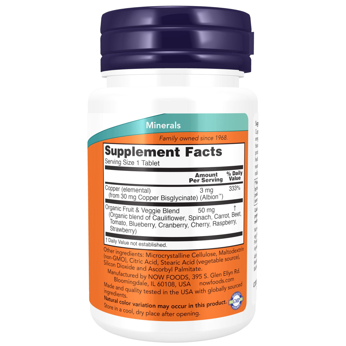 NOW Foods Cuivre Glycinate 120 comprimés vue arrière