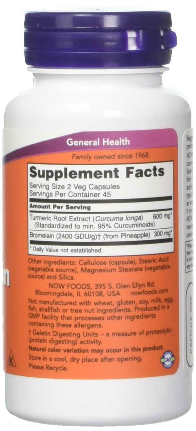 NOW Foods Curcuma & Bromélaïne emballage avec instructions
