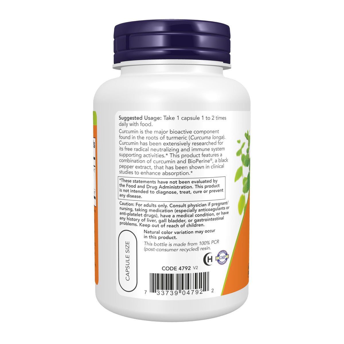 NOW Foods Curcuma Curcumin 90 Veg Caps côté