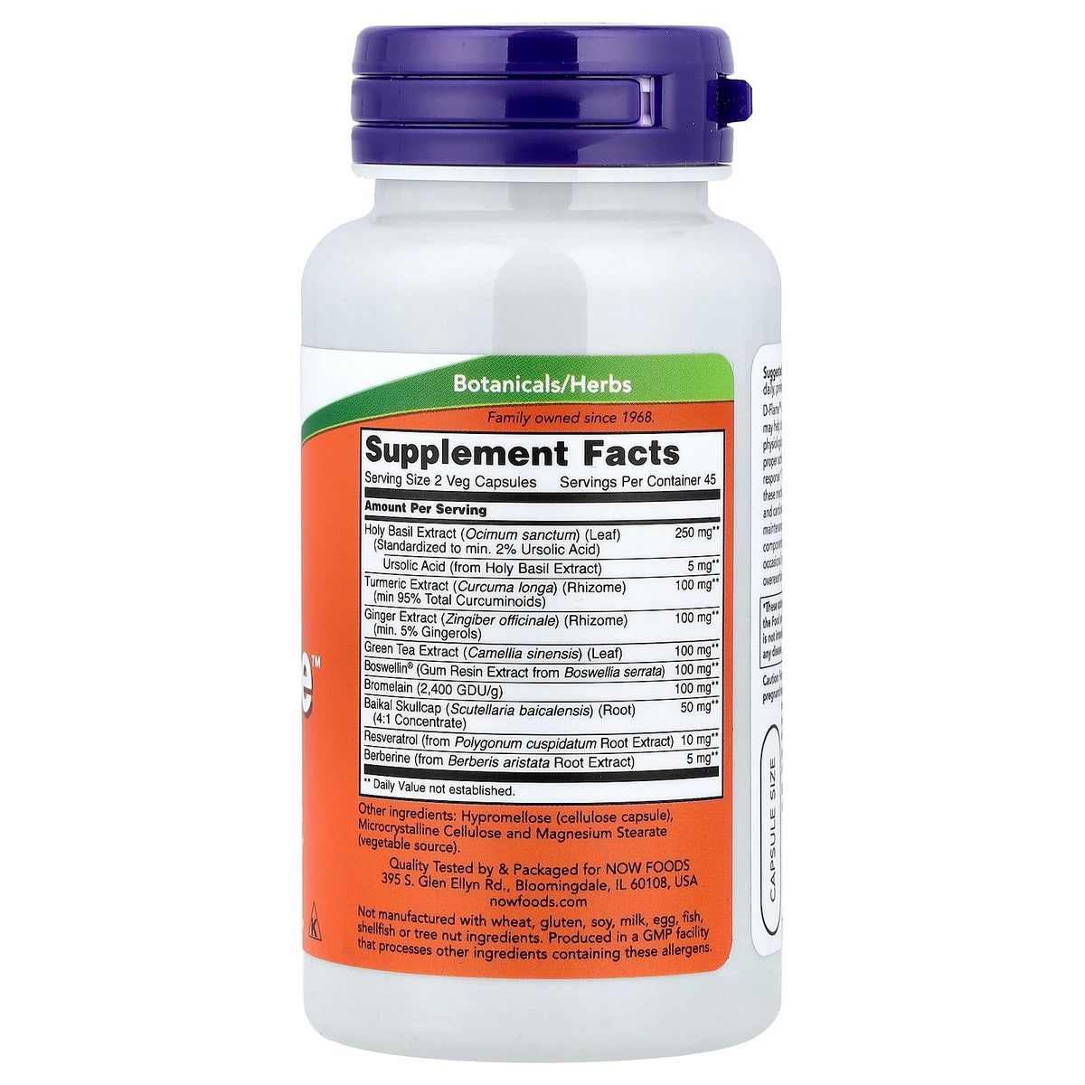 NOW Foods D-Flame 90 Vcaps - étiquette avec informations nutritionnelles