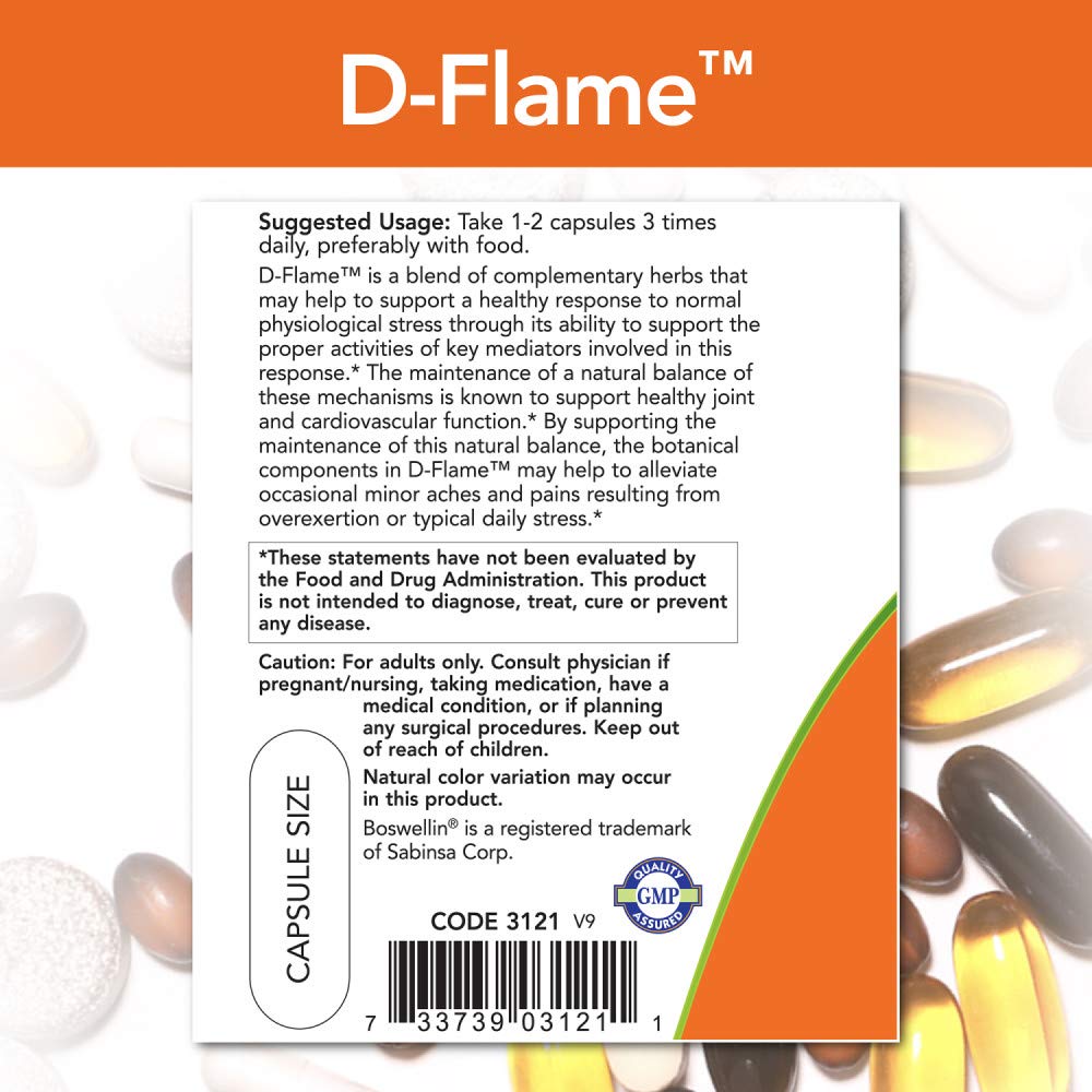 NOW Foods D-Flame, boîte ouverte montrant les capsules